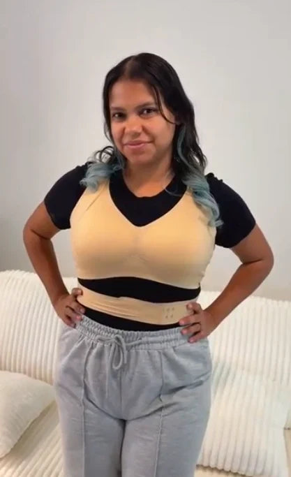 Reggiseno posturale senza ferretto con chiusura frontale e schiena incrociata indossato, foto 2